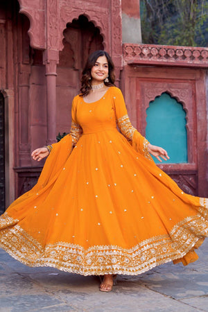 Mustard Sequin with Floral Embroidered Georgette Anarkali Suit (Sp-23-Mustard)