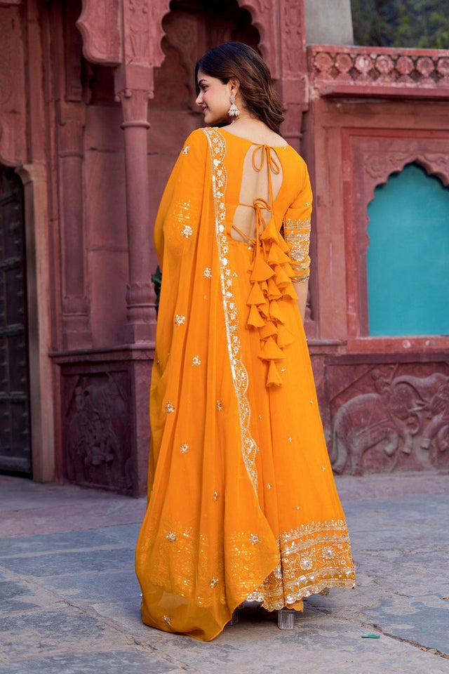 Mustard Sequin with Floral Embroidered Georgette Anarkali Suit (Sp-23-Mustard)