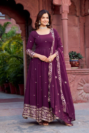 Wine Sequin with Floral Embroidered Georgette Anarkali Suit (Sp-23-Wine)