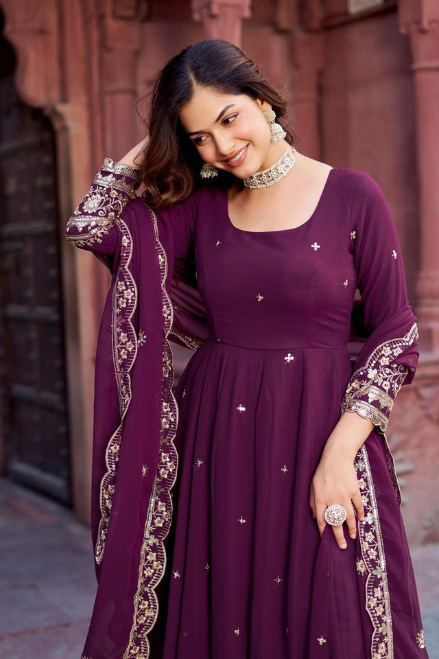 Wine Sequin with Floral Embroidered Georgette Anarkali Suit (Sp-23-Wine)