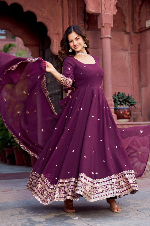 Wine Sequin with Floral Embroidered Georgette Anarkali Suit (Sp-23-Wine)