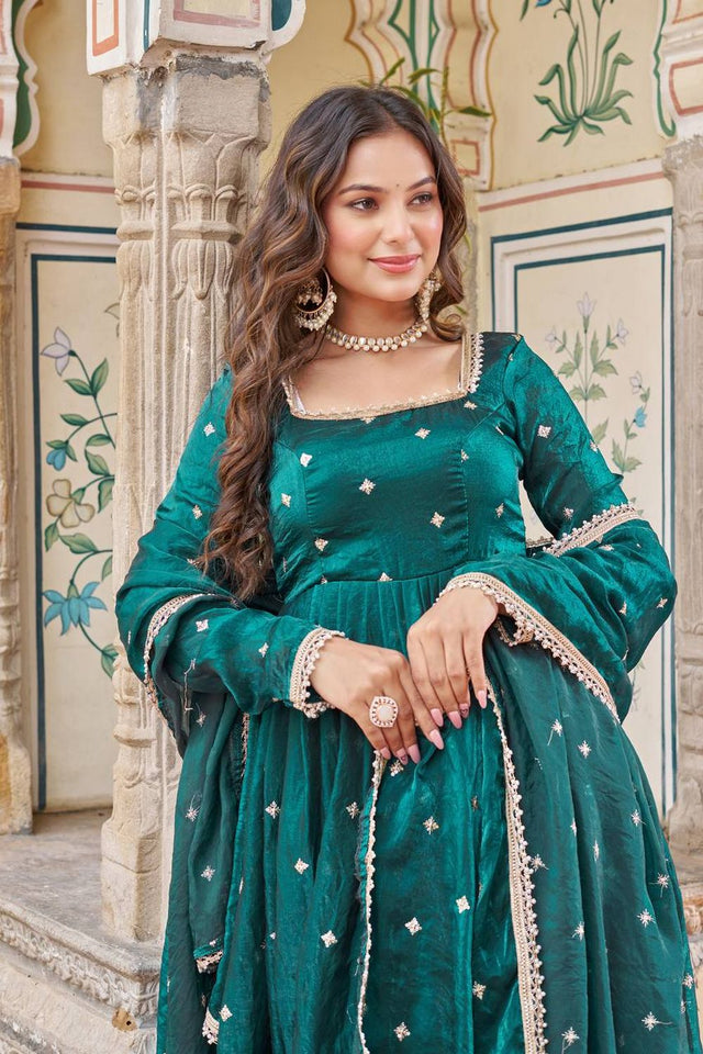 Green Embroidered Silk Anarkali Suit (Sp-69-Emerald Green)