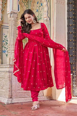 Dark Pink Embroidered Silk Anarkali Suit (Sp-69-Hot Pink)