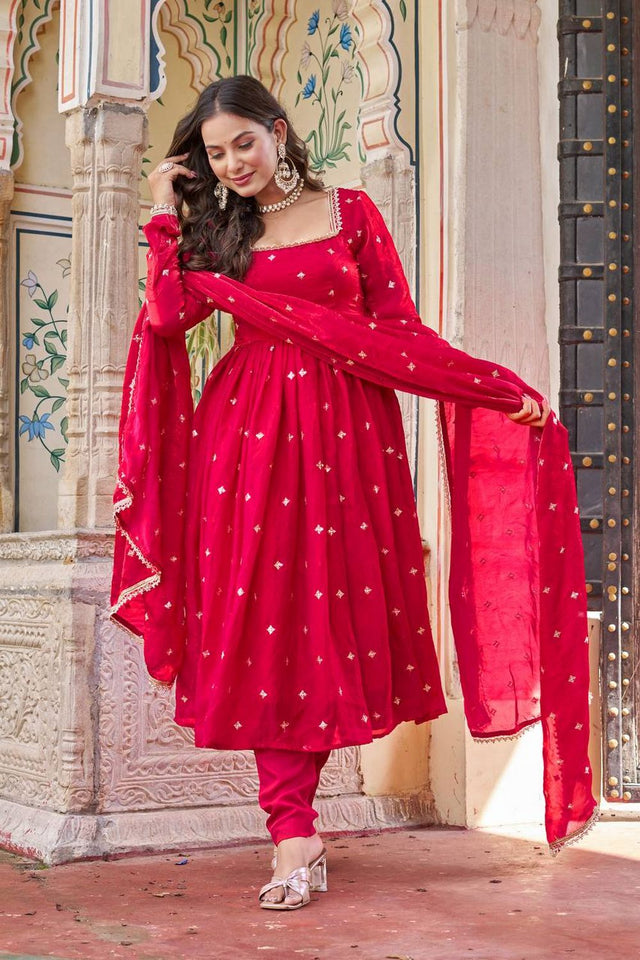 Dark Pink Embroidered Silk Anarkali Suit (Sp-69-Hot Pink)