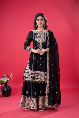 Black Sequin with Embroidered Georgette Palazzo Suits