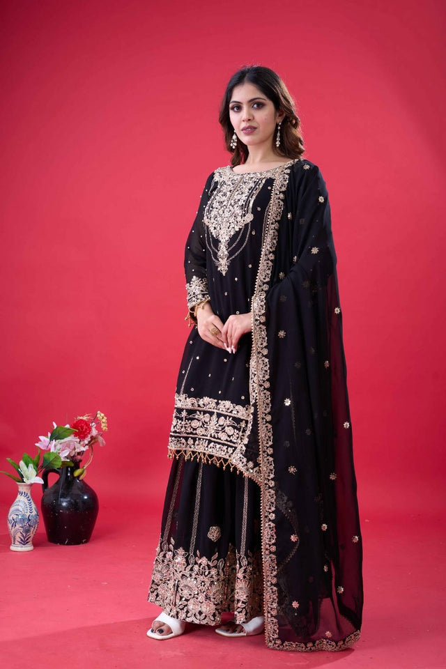 Black Sequin with Embroidered Georgette Palazzo Suits