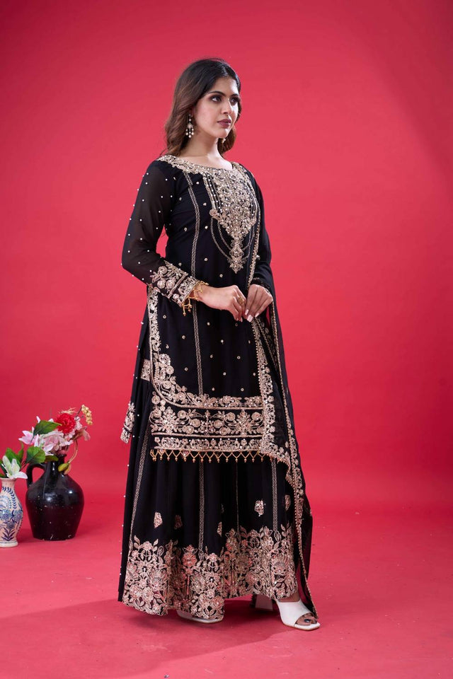 Black Sequin with Embroidered Georgette Palazzo Suits