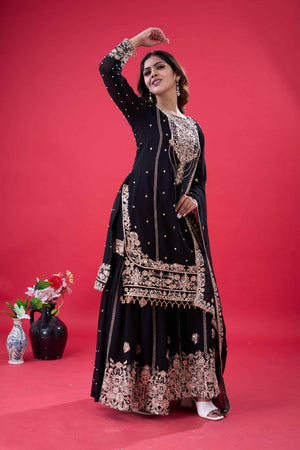 Black Sequin with Embroidered Georgette Palazzo Suits