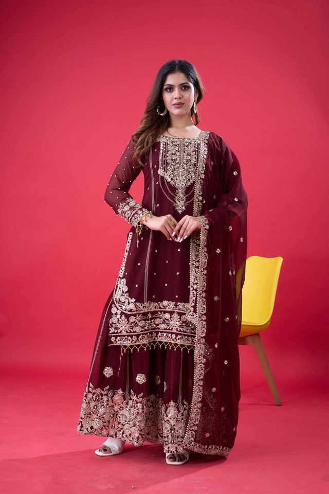 Brown Sequin with Embroidered Georgette Palazzo Suits