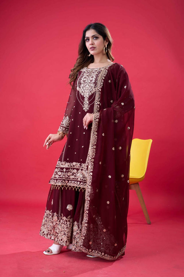 Brown Sequin with Embroidered Georgette Palazzo Suits