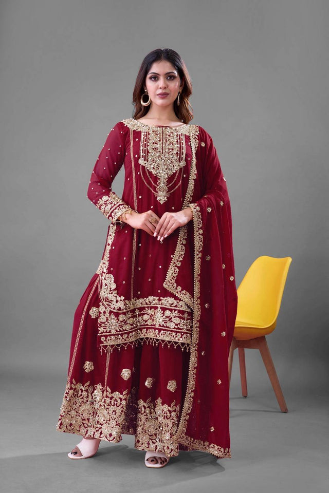 Maroon Sequin with Embroidered Georgette Palazzo Suits