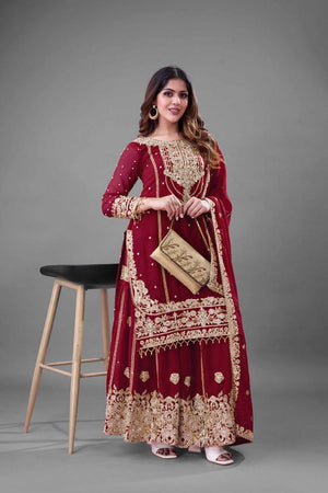 Maroon Sequin with Embroidered Georgette Palazzo Suits