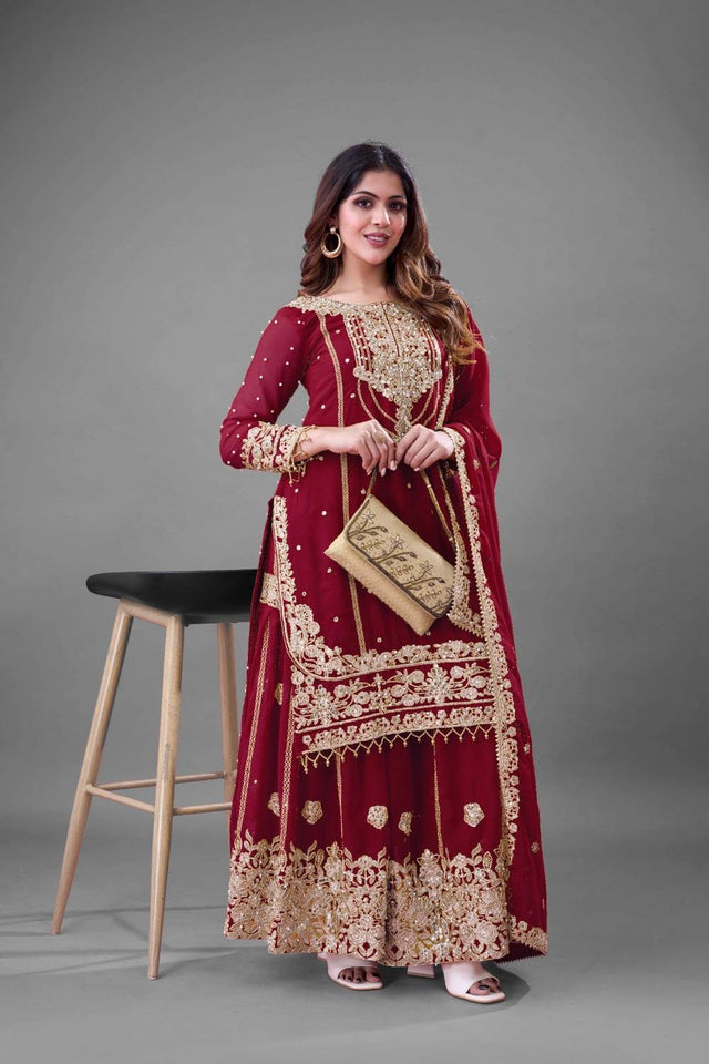 Maroon Sequin with Embroidered Georgette Palazzo Suits