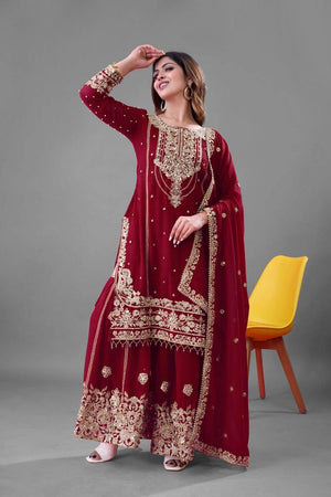 Maroon Sequin with Embroidered Georgette Palazzo Suits
