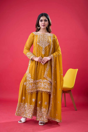 Yellow Sequin with Embroidered Georgette Palazzo Suits