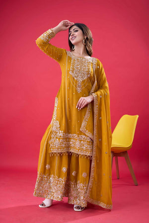 Yellow Sequin with Embroidered Georgette Palazzo Suits