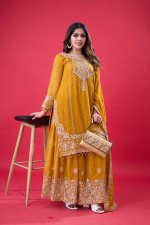 Yellow Sequin with Embroidered Georgette Palazzo Suits