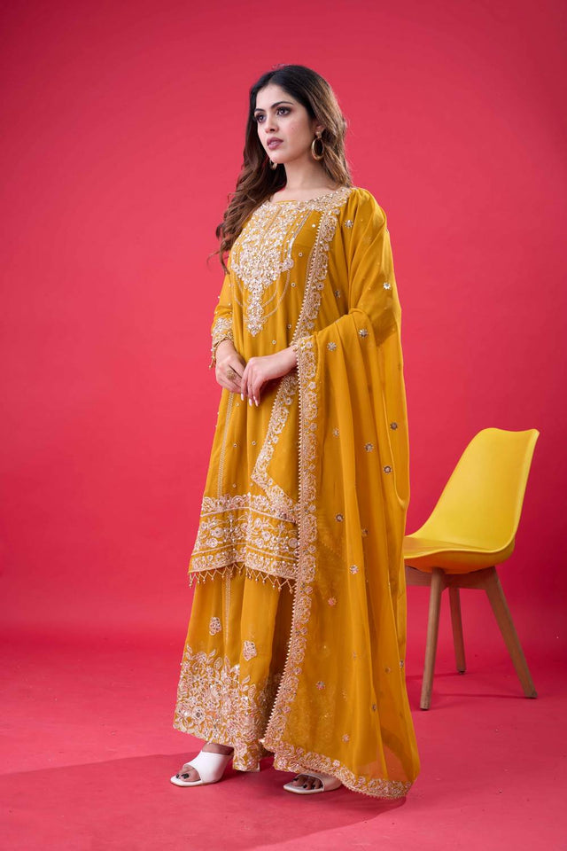 Yellow Sequin with Embroidered Georgette Palazzo Suits