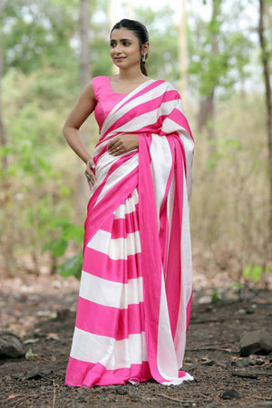 Pink Printed Satin Saree