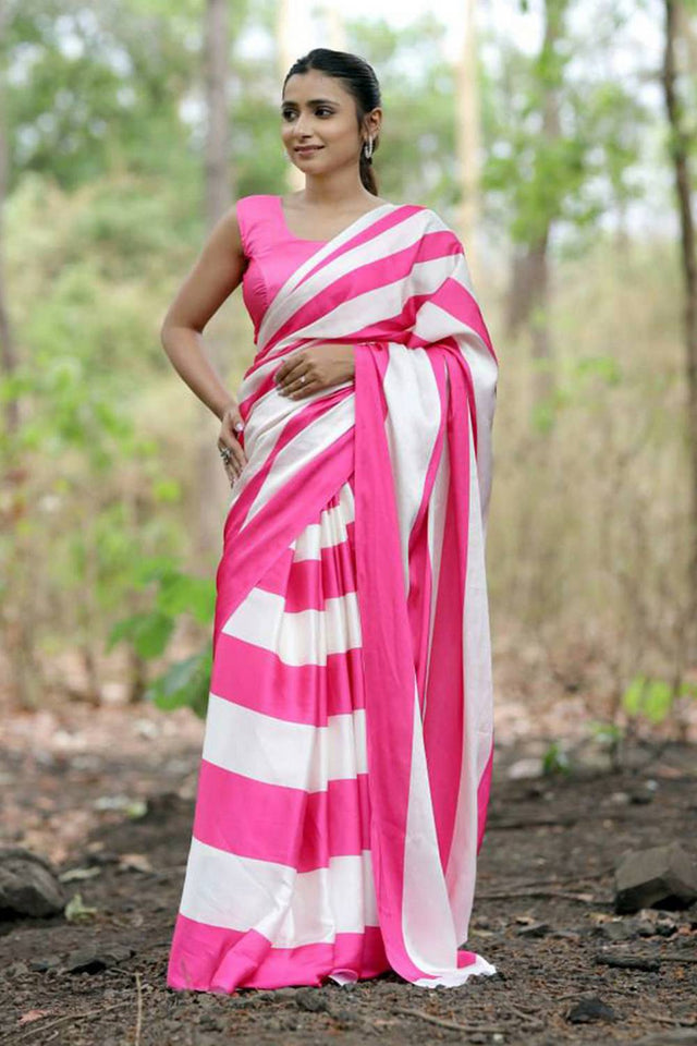 Pink Printed Satin Saree