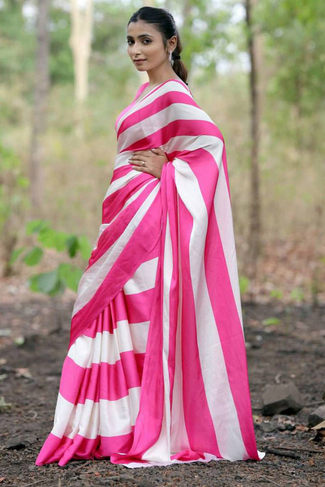 Pink Printed Satin Saree