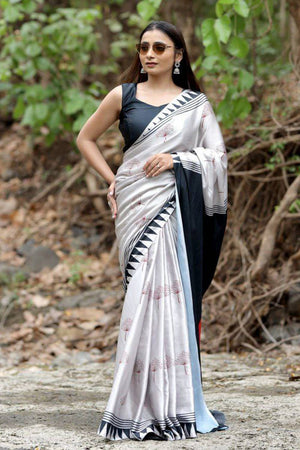 Silver Printed Satin Saree