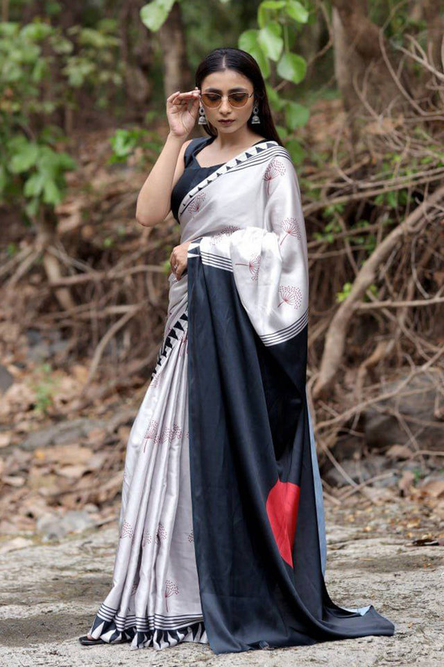 Silver Printed Satin Saree