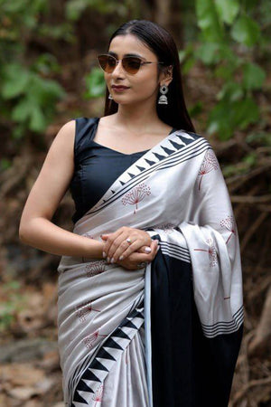 Silver Printed Satin Saree