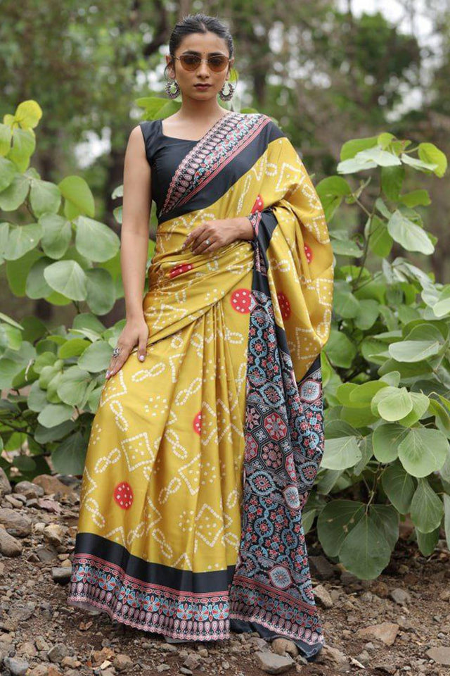 Mustard Bandhani Printed Satin Saree