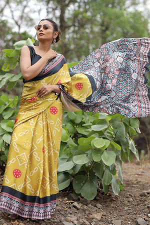 Mustard Bandhani Printed Satin Saree
