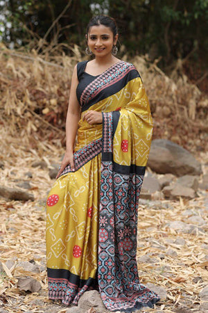 Mustard Bandhani Printed Satin Saree