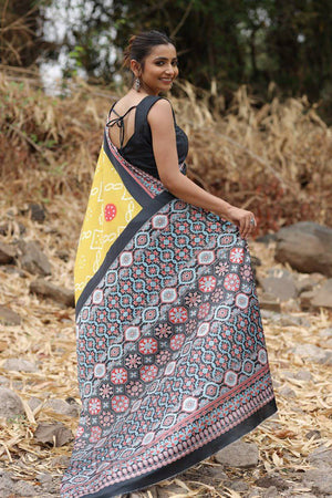 Mustard Bandhani Printed Satin Saree