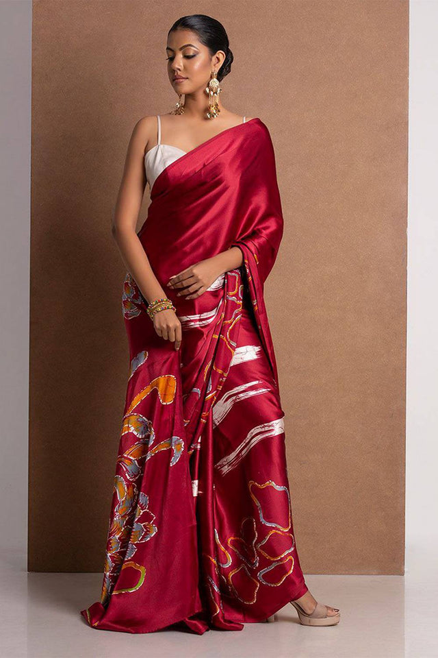 Maroon Floral Printed Satin Saree (Sudha-105)