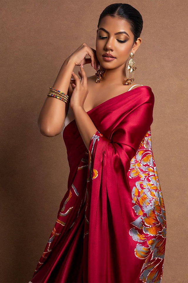 Maroon Floral Printed Satin Saree (Sudha-105)
