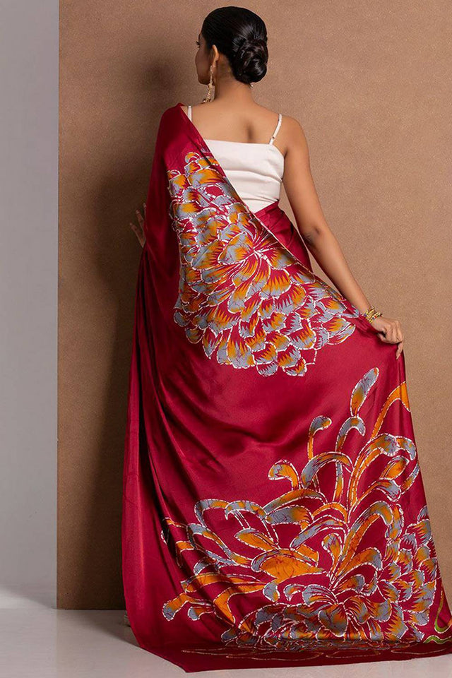 Maroon Floral Printed Satin Saree (Sudha-105)