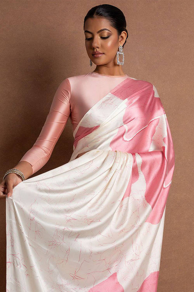 Light Pink Floral Printed Satin Saree