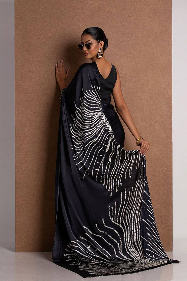 Black Printed Satin Saree