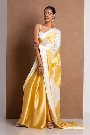 Yellow Floral Printed Satin Saree