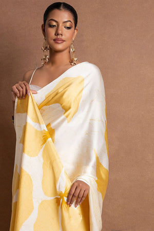 Yellow Floral Printed Satin Saree