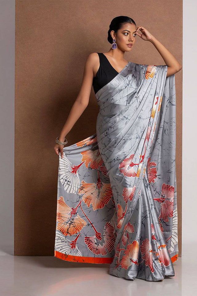 Grey Floral Printed Satin Saree