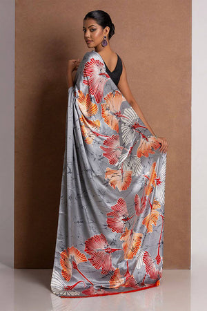 Grey Floral Printed Satin Saree