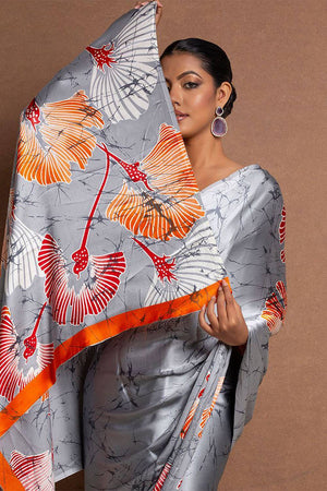 Grey Floral Printed Satin Saree