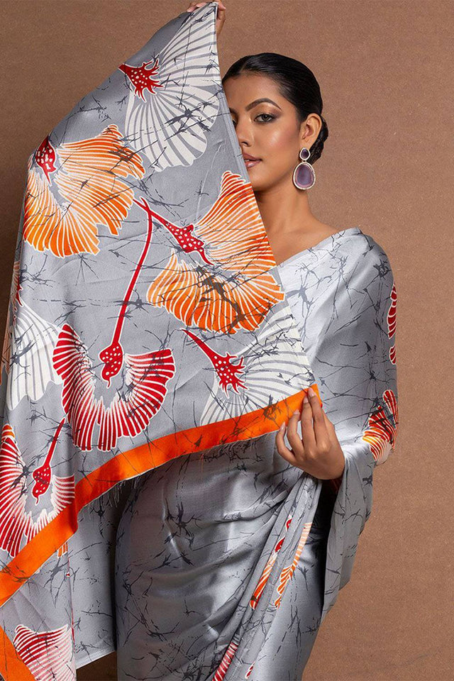 Grey Floral Printed Satin Saree