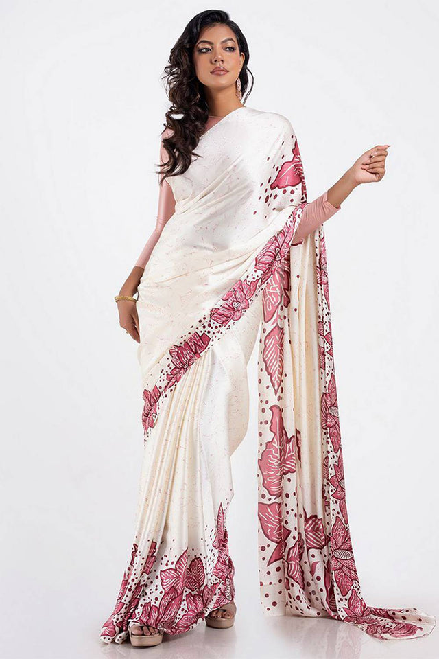 White Floral Printed Satin Saree