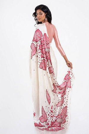 White Floral Printed Satin Saree
