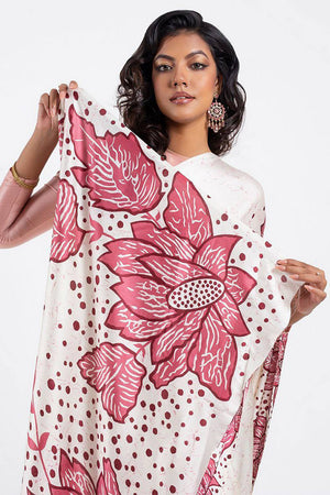 White Floral Printed Satin Saree