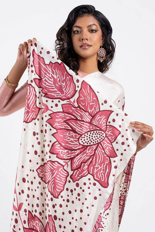 White Floral Printed Satin Saree