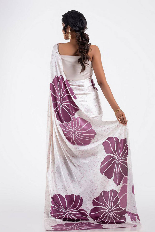 White Floral Printed Satin Saree