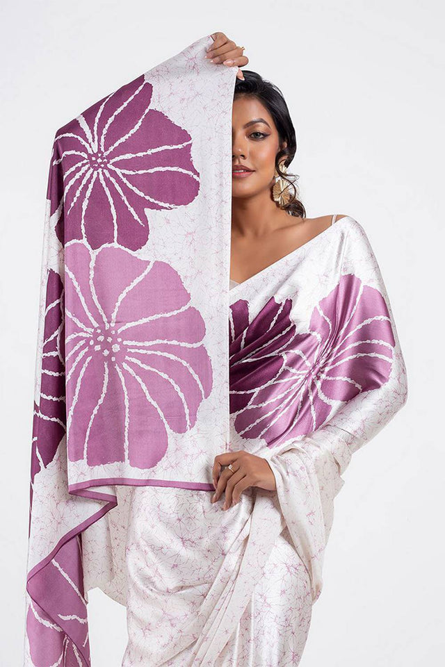 White Floral Printed Satin Saree