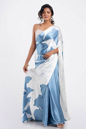 Light Blue Floral Printed Satin Saree